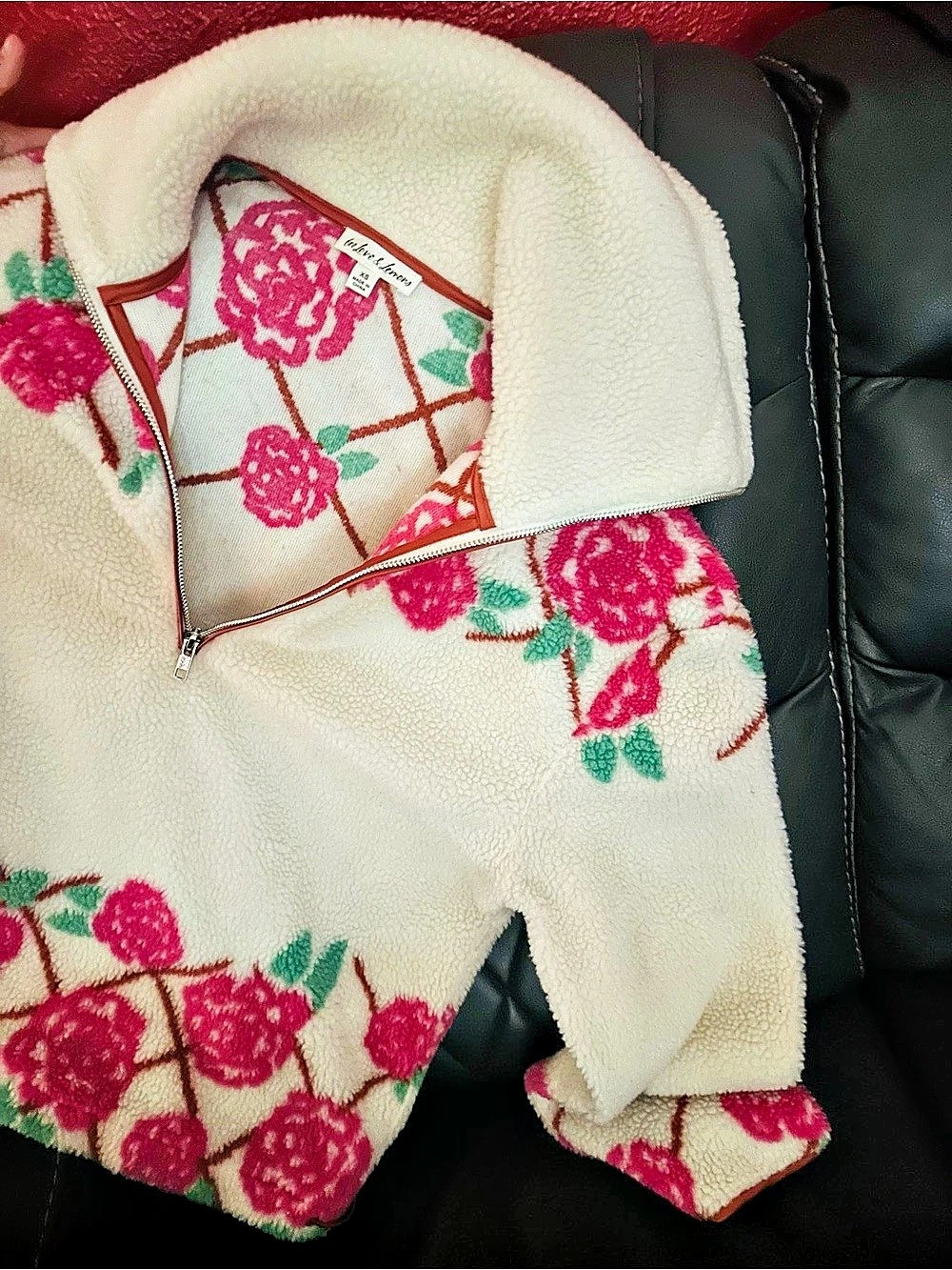 For Love & Lemons Chihiro Sweater Floral Fleece Jacket Cream & Pink XS